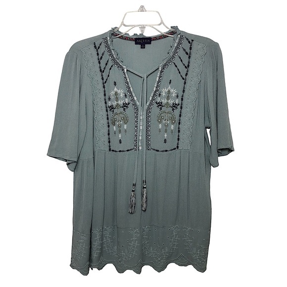 Artesia Top Womens Sage Green Embroidered Boho Flowy Short Sleeve Blouse L - Picture 1 of 14